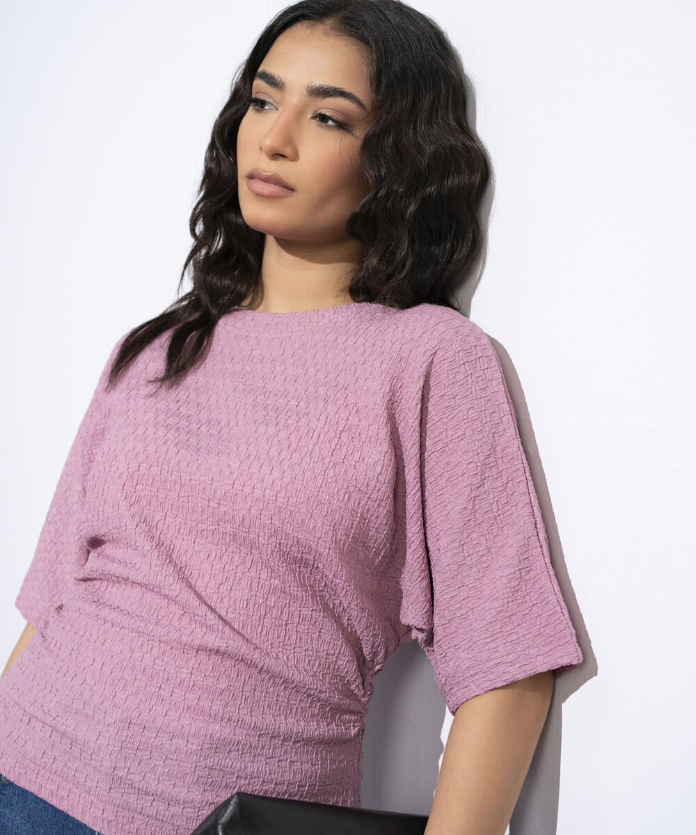 Women's Pink Cinched Waist Textured T-Shirt