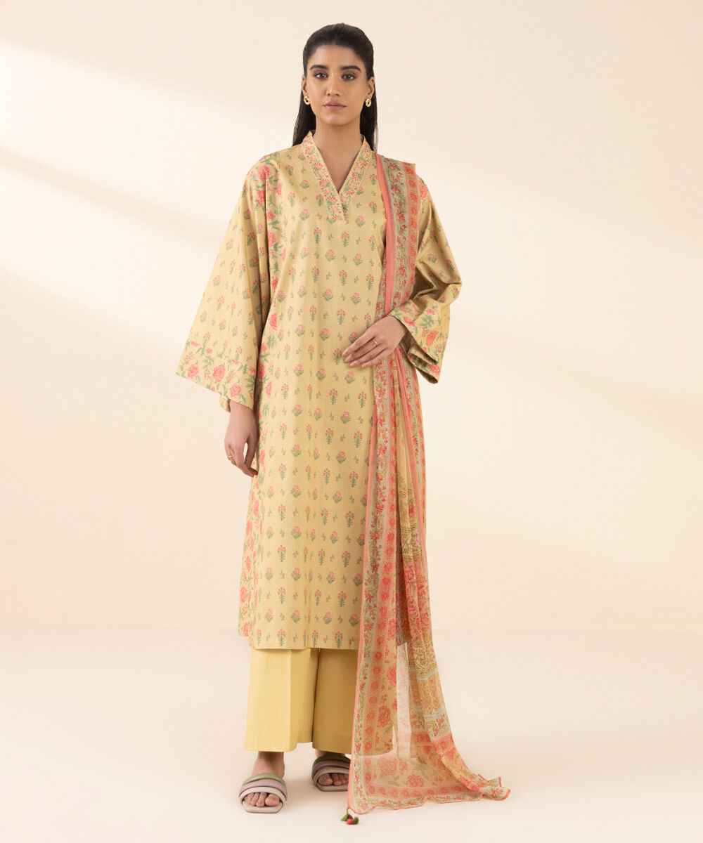 Unstitched Women's Yellow Lawn Printed Shirt Dupatta