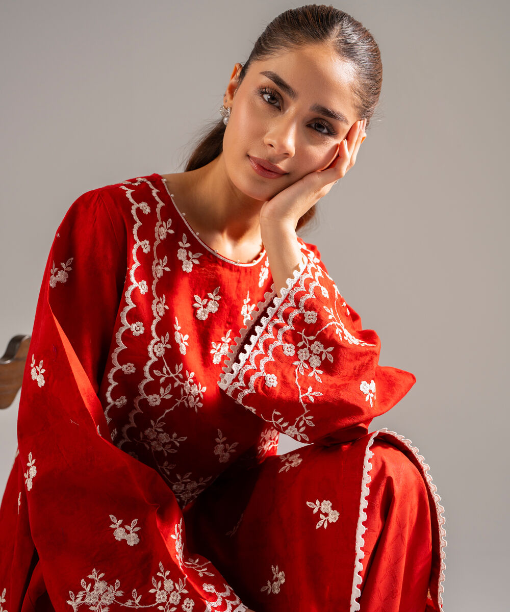 Women's RTW Self Jacquard Embroidered Rust 2 Piece Suit
