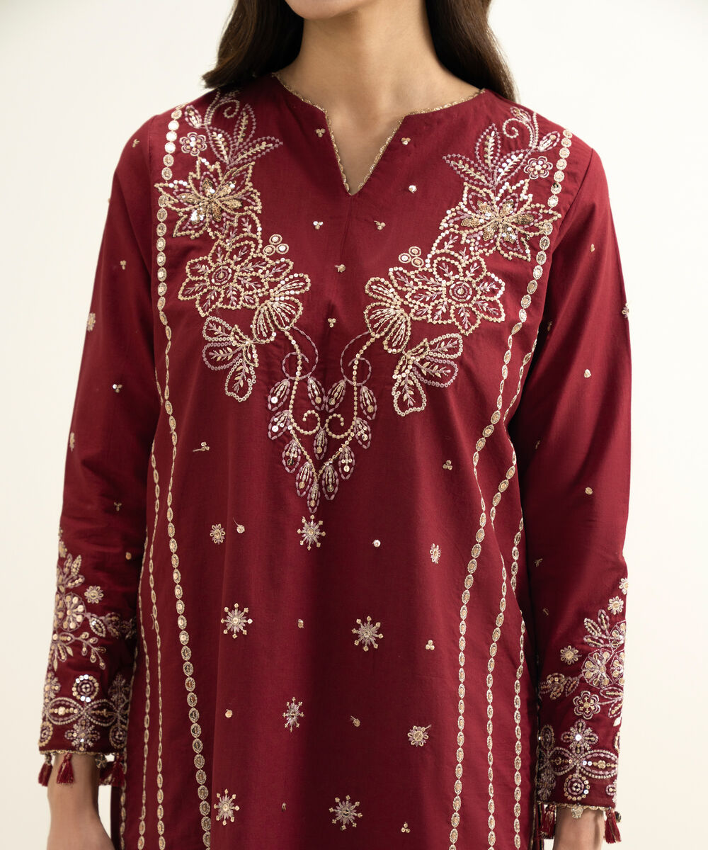 Women's Unstitched Lawn Embroidered Red 3 Piece Suit