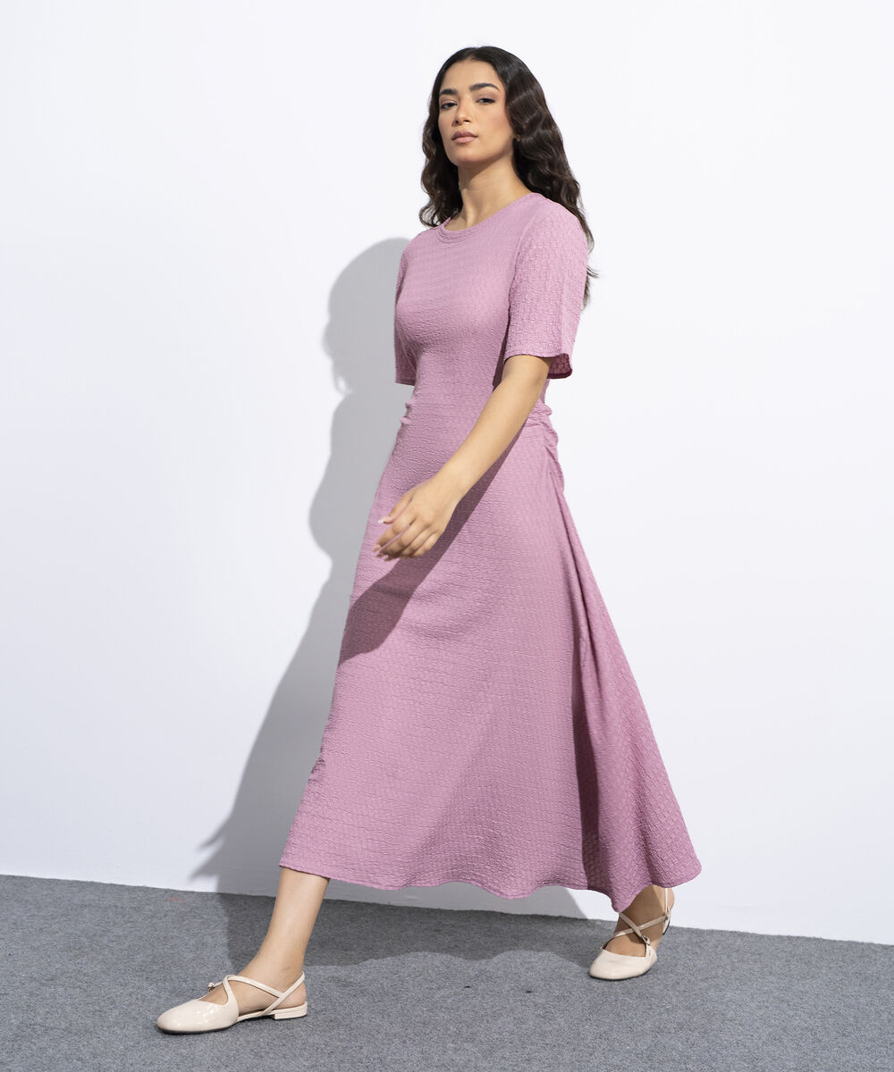 Women's Pink Cinched Waist Textured Dress