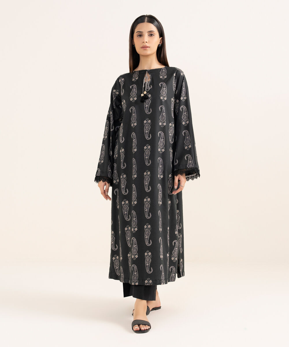 Women's RTW Lawn Viscose Black Printed A-Line Shirt