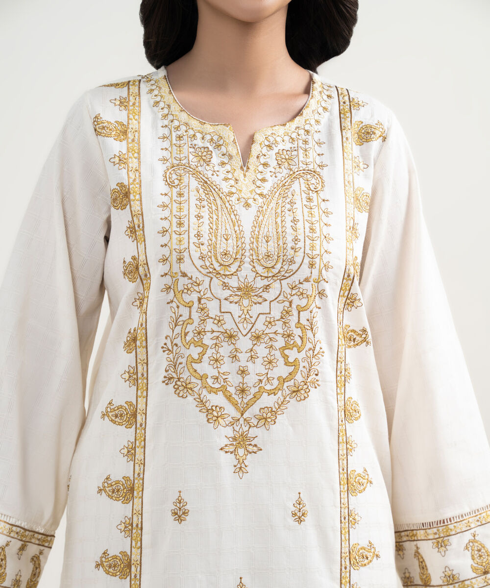 Women's RTW Dobby Embroidered Cream White 3 Piece Suit