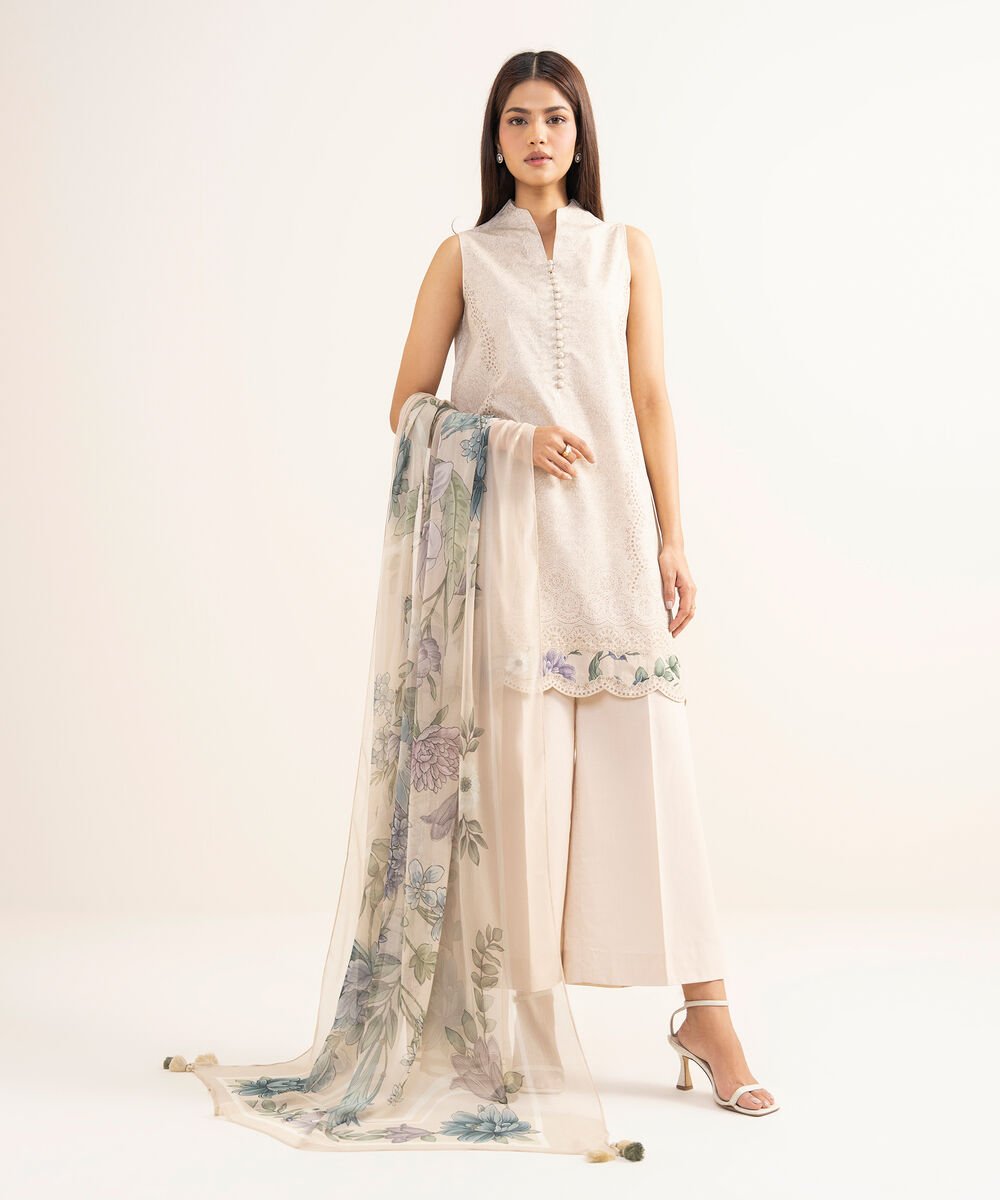 Women's Unstitched Lawn Printed Beige 3 Piece Suit