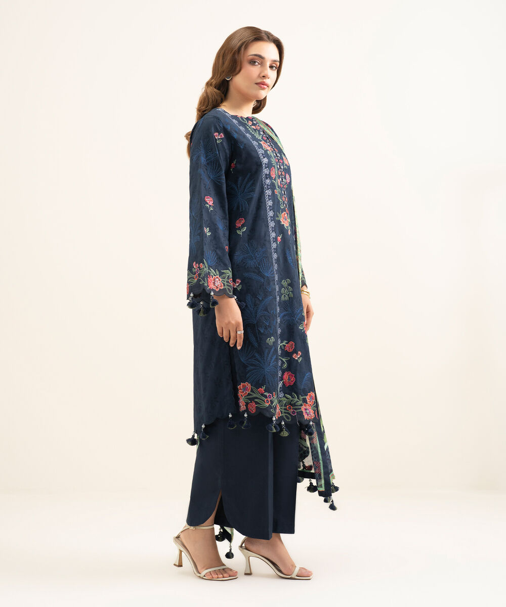 Women's Unstitched Cotton Jacquard Embroidered Blue 3 Piece Suit