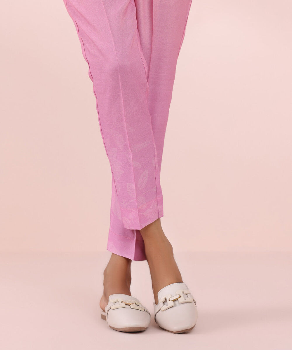 Women's Pret Viscose Raw Silk Pink Printed Cigarette Pants
