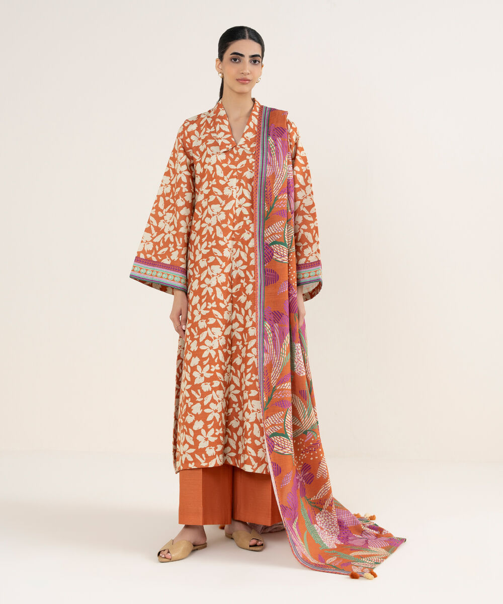 Women's Unstitched Printed Khaddar Rust Orange and Off White 3 Piece Suit
