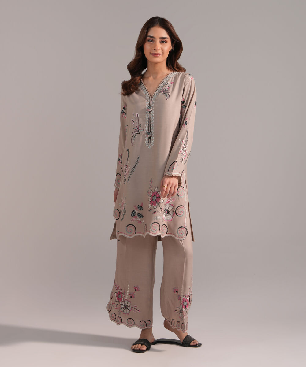 Women's RTW Viscose Raw Silk Embroidered Grey 2 Piece Suit