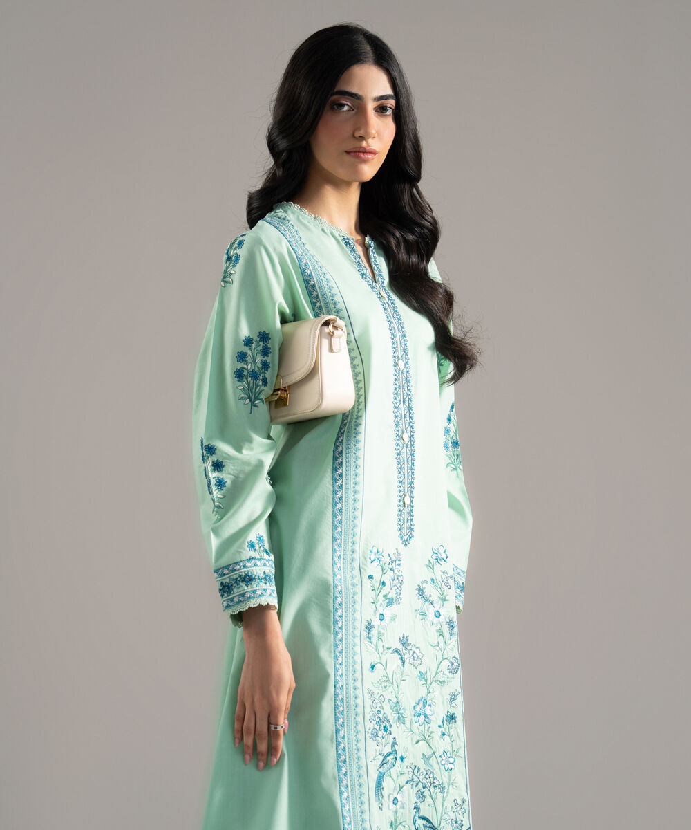 Women's RTW Solid Embroidered Cambric Green A-Line Shirt