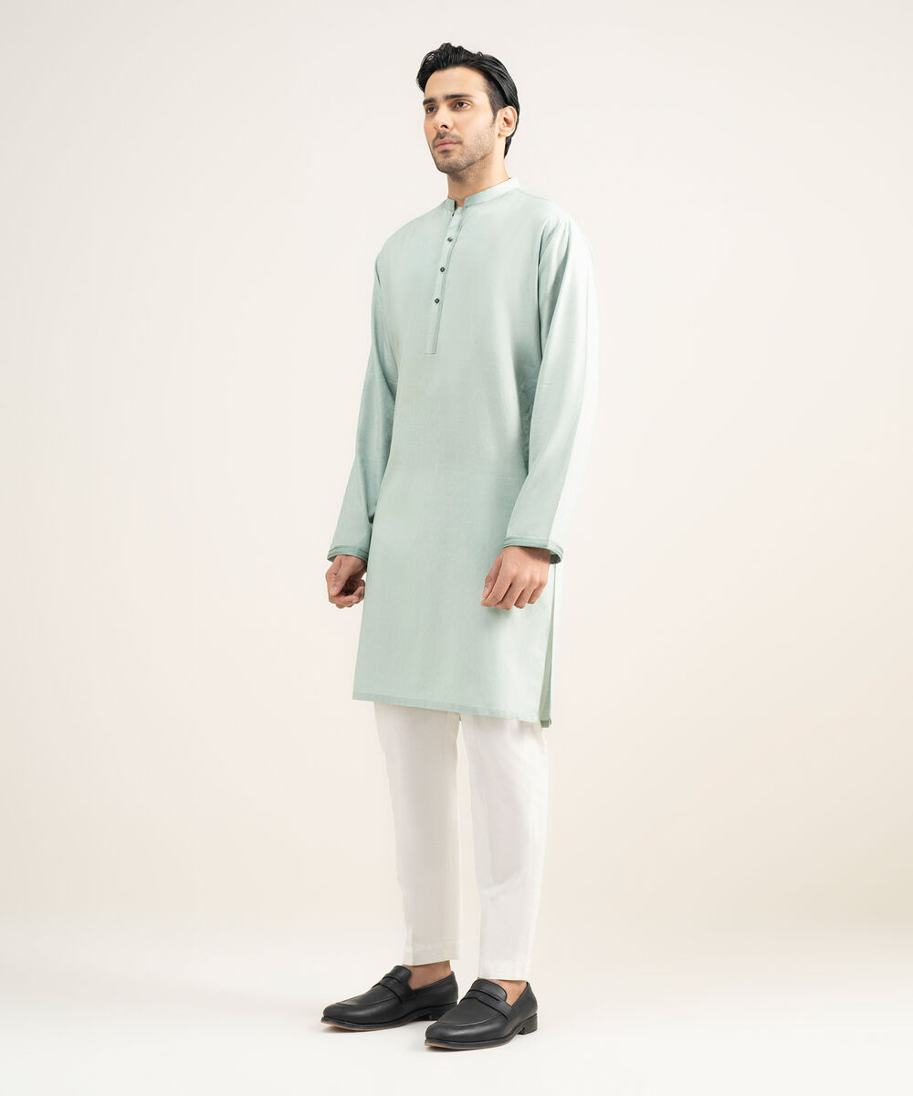 Men's Stitched Cotton Jacquard Aqua Kurta