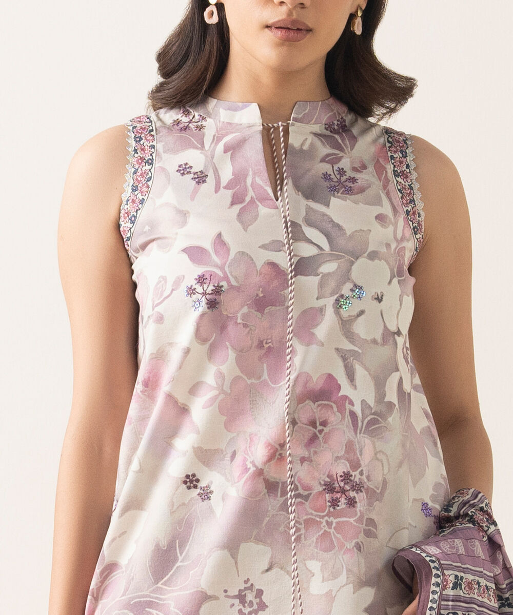 Women's Unstitched Textured Lawn Embroidered Purple 3 Piece Suit