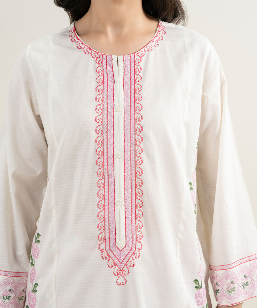 Women's RTW Dobby Embroidered Off White Straight Shirt
