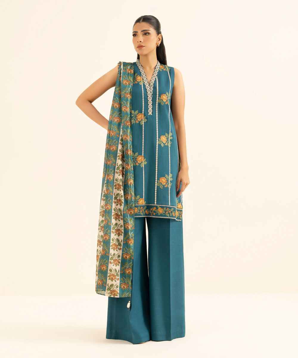 Women's Unstitched Viscose Raw Silk Embroidered Blue 3 Piece Suit