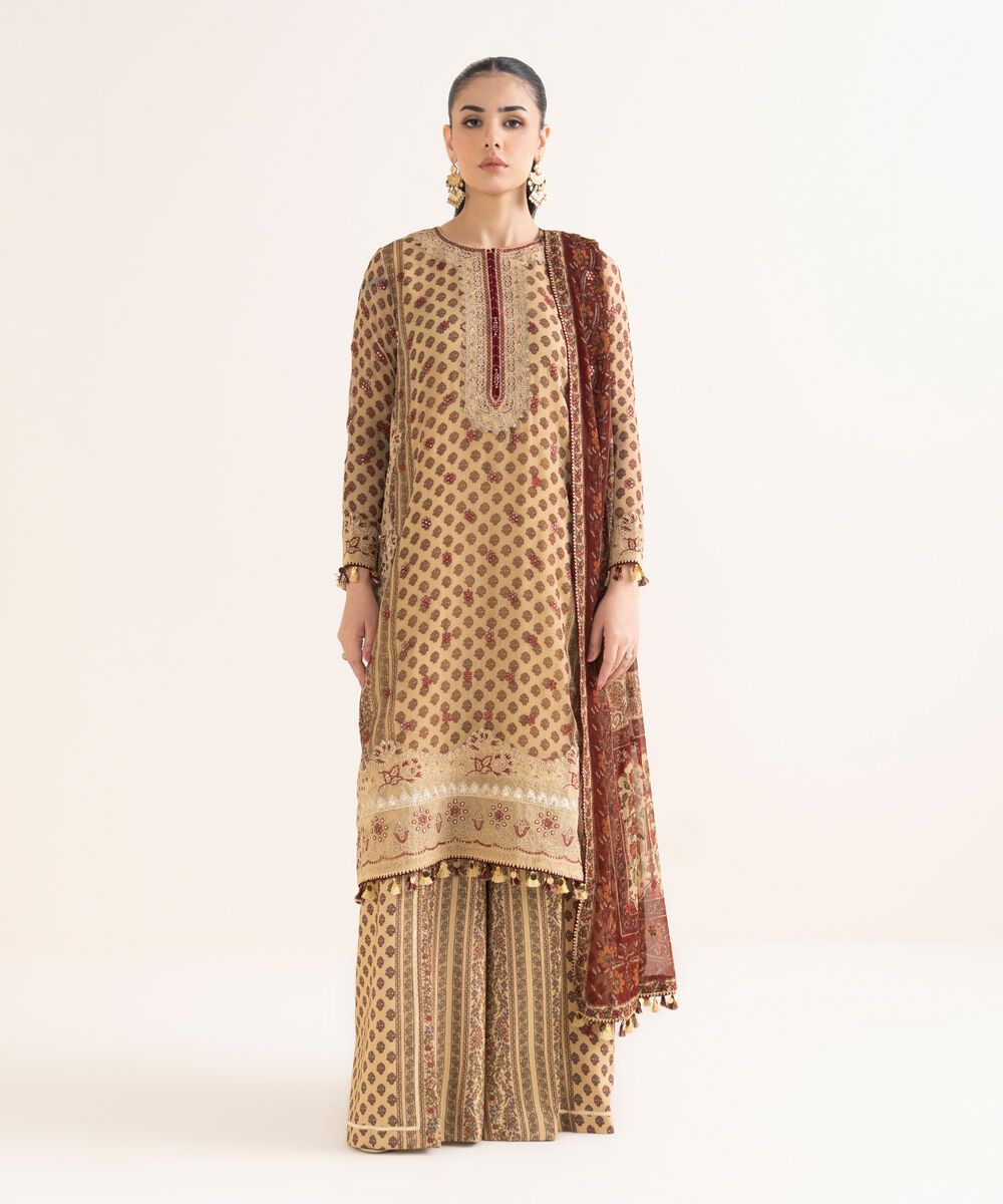 Women's Unstitched Embroidered Blended Chiffon Beige 3 Piece Suit