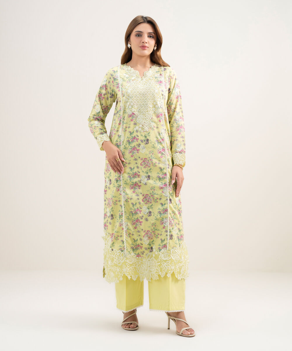 Women's RTW Lawn Embroidered Yellow A-Line Shirt