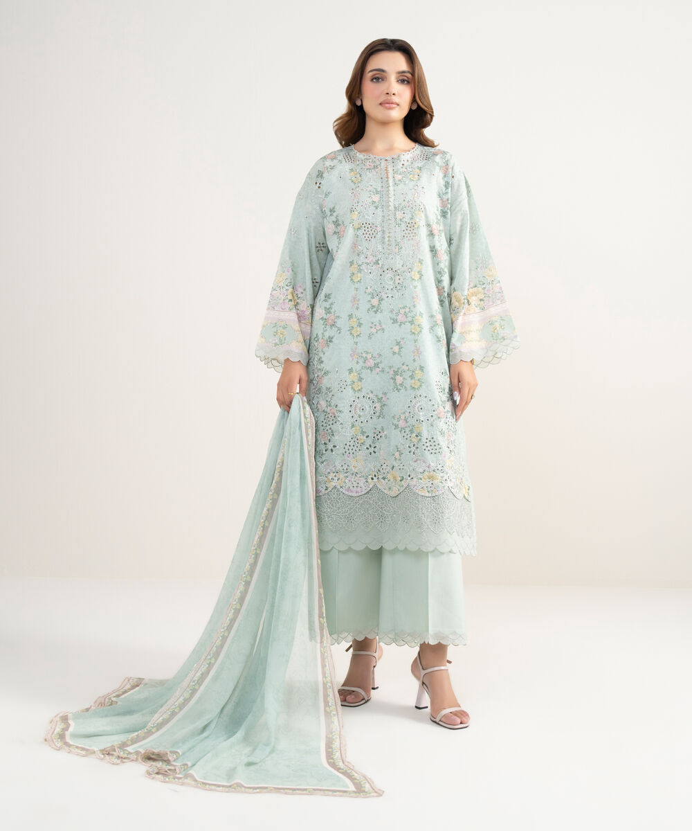 Women's Unstitched Fine Lawn Embroidered White  3 Piece Suit