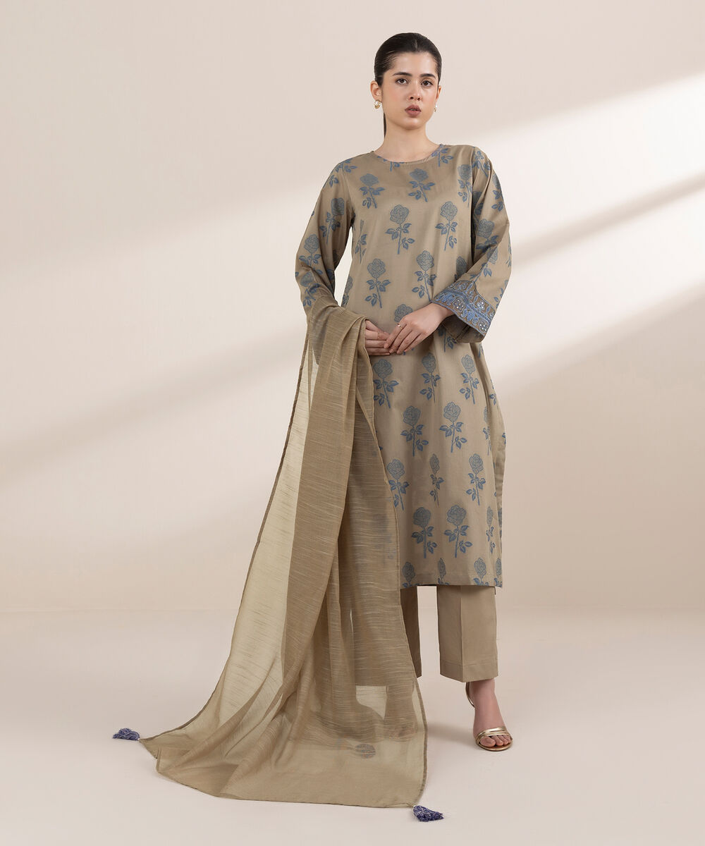 Women's RTW Extra Weft Jacquard Beige Solid A-Line Shirt