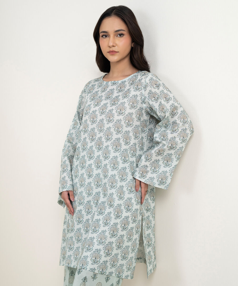 Women's RTW Lawn Printed Ice Blue Straight Shirt