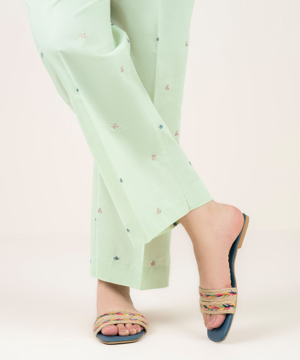 Women's RTW Cambric Embroidered Green Straight Pants