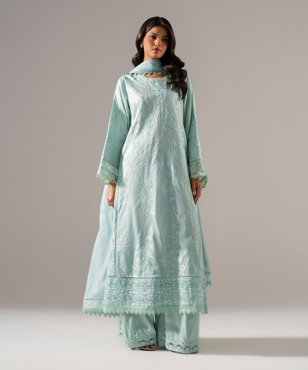Women's RTW Cotton Satin Solid Embroidered Blue 3 Piece Suit