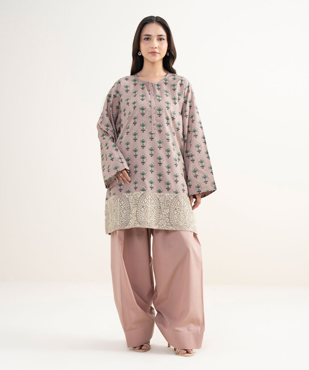 Women's RTW Cotton Viscose Embroidered Pink Straight Shirt