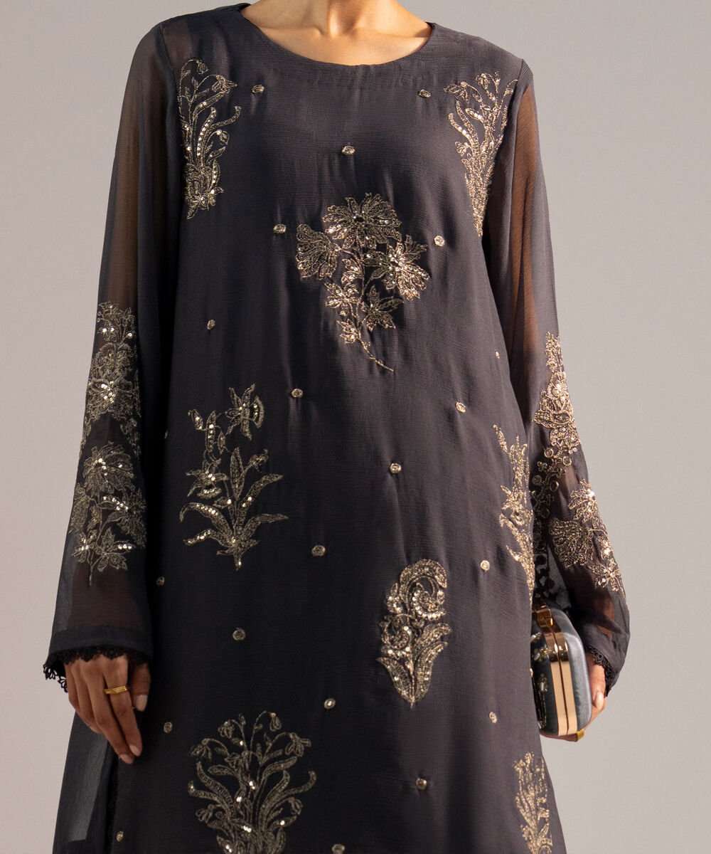 Women's RTW Chiffon Embroidered Black 2 Piece Suit