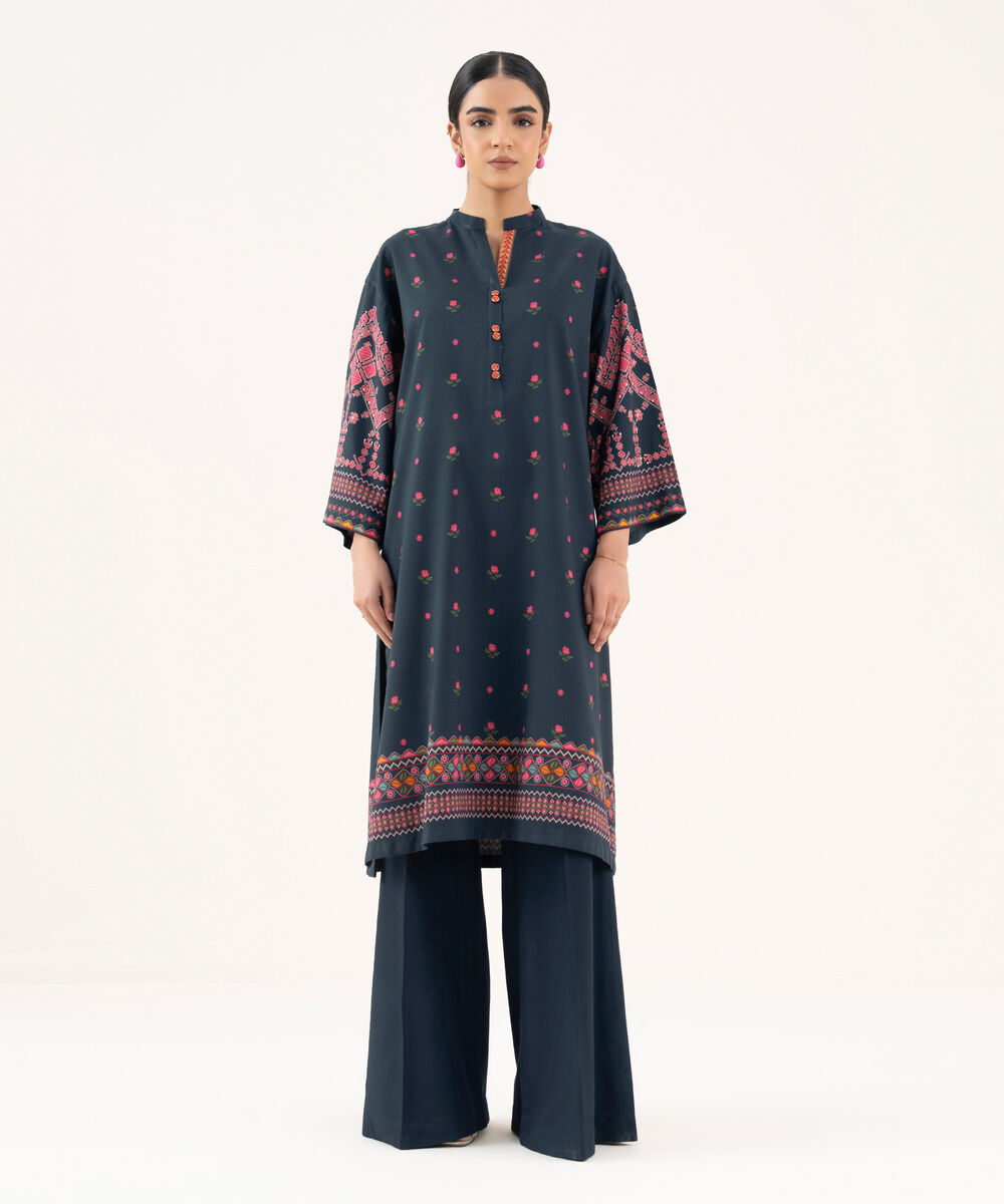 Women's Unstitched Viscose Khaddar Printed Blue 2 Piece Suit