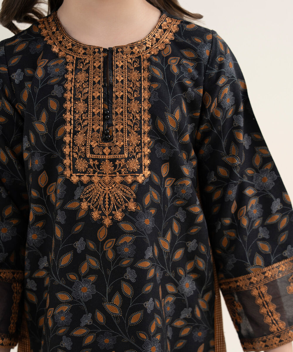 Girl's Herringbone Embroidered Black 2 Piece Set