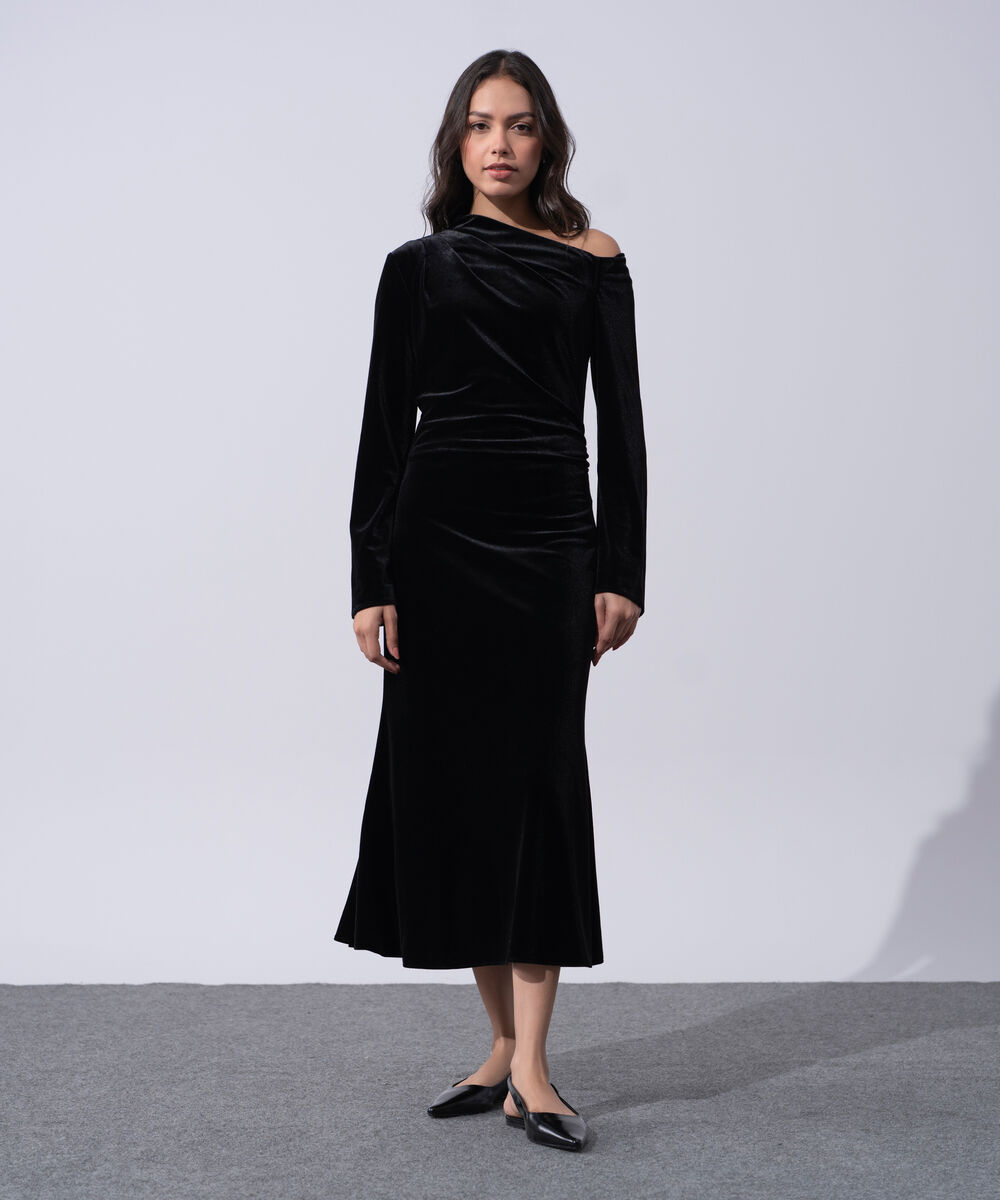 Women's Western Wear Black Polyester Velvet Off-Shoulder Dress