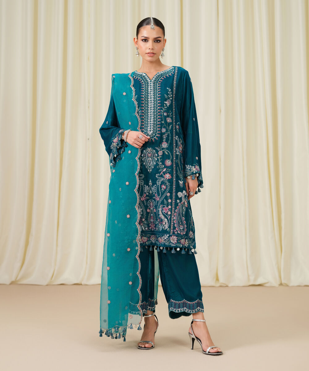 Women's Unstitched Embroidered Velvet Teal Blue 3 Piece Suit