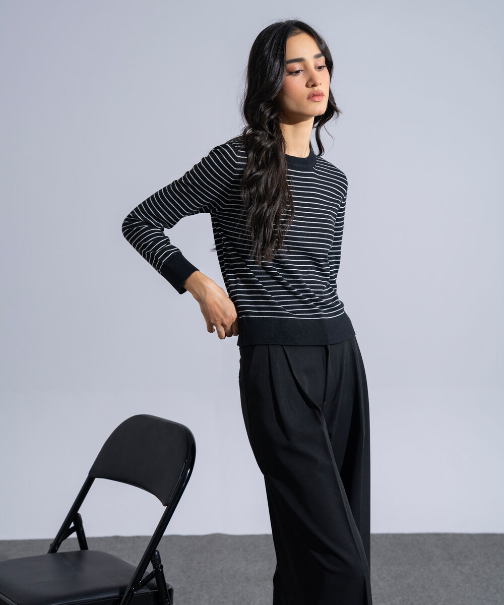Women's Western Wear Black And White Striped Round Neck Knit Sweater