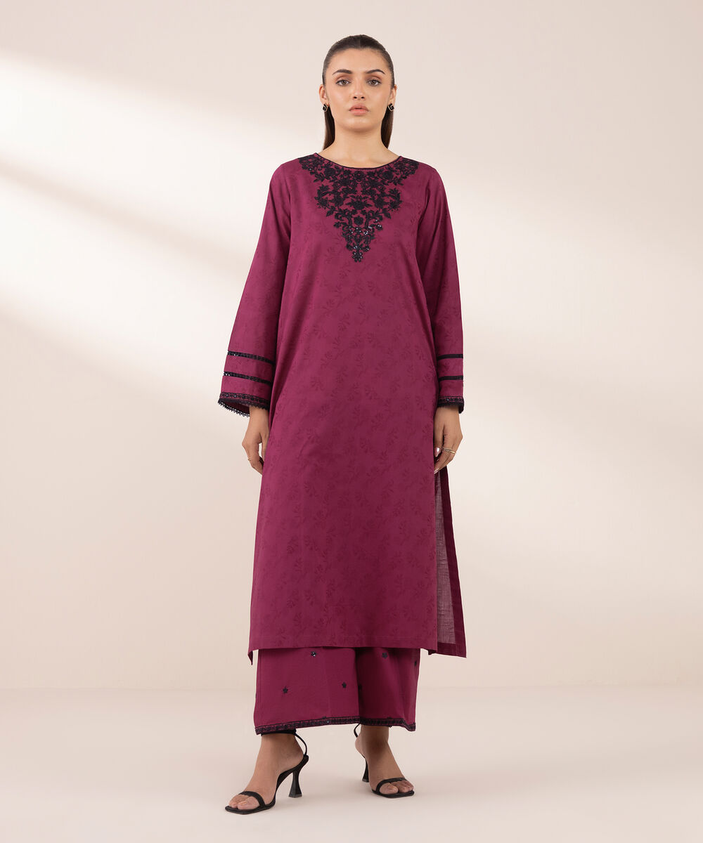 Women's RTW Cotton Jacquard Pink Embroidered A-Line Shirt