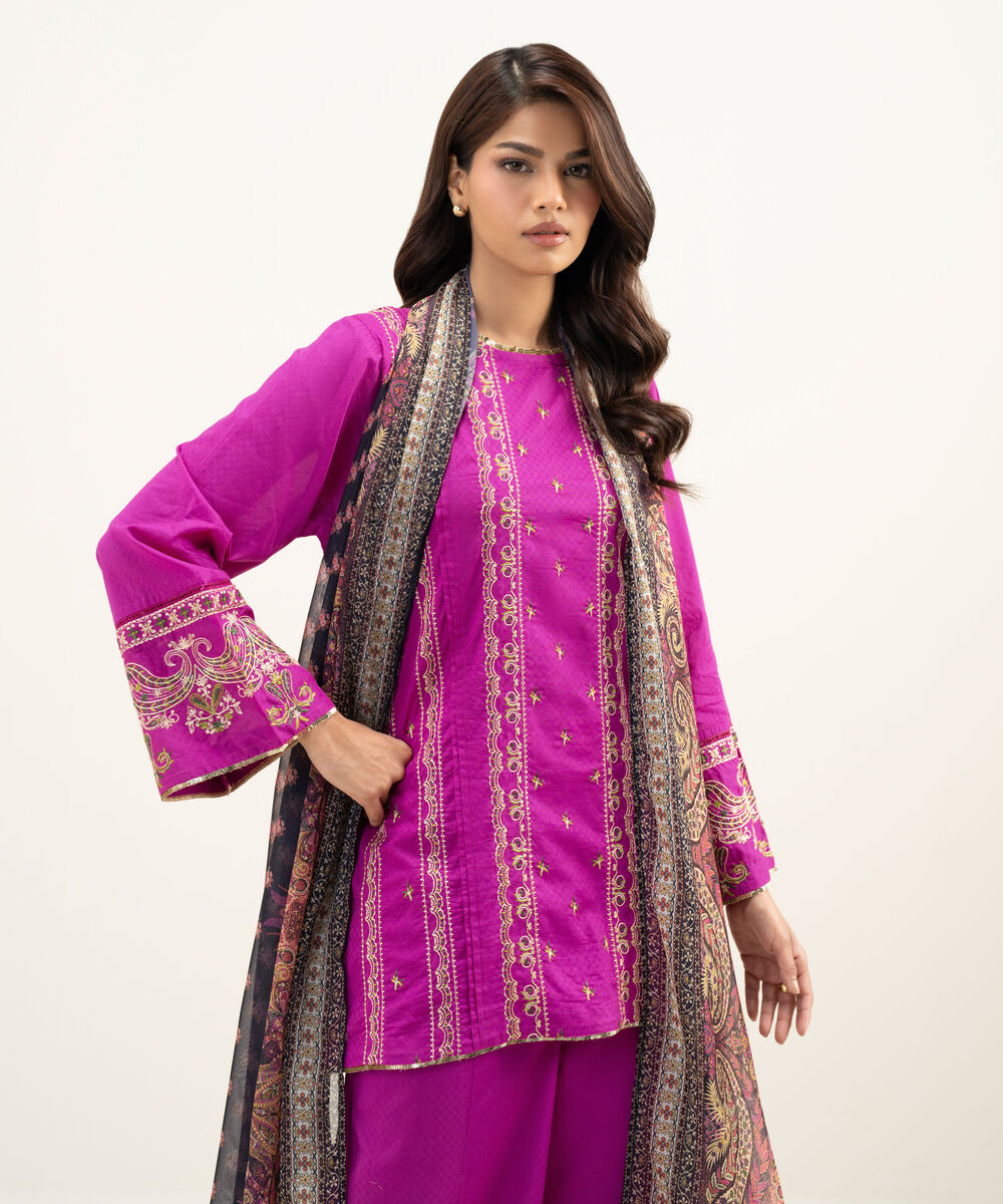 Women's RTW Dobby Embroidered Bright Pink 3 Piece Suit