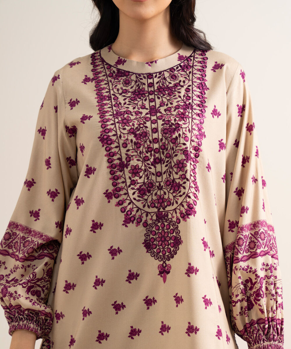 Women's Unstitched Embroidered Linen Beige 3 Piece Suit