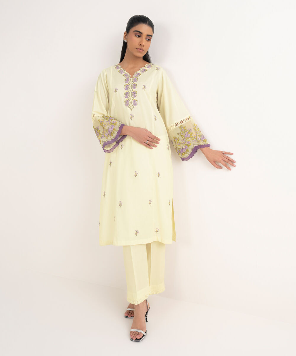 Women's RTW Cotton Viscose Embroidered Off White A-Line Shirt