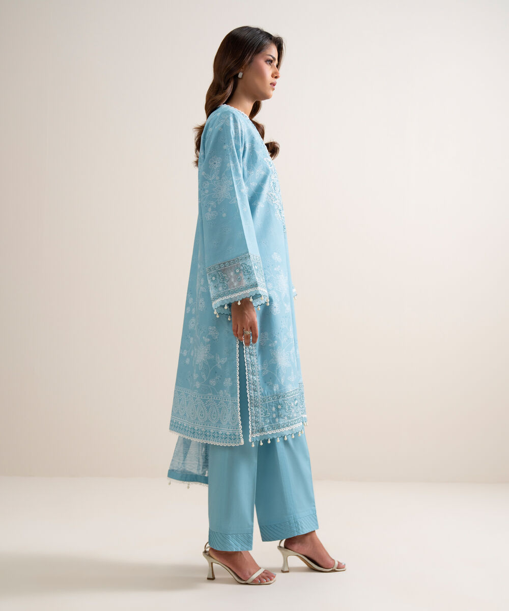 Women's Unstitched Lawn Embroidered Blue 3 Piece Suit