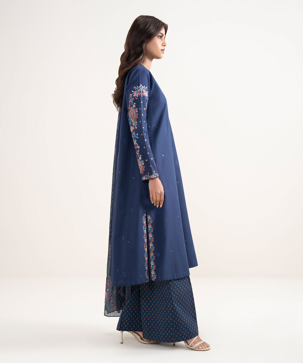 Women's Unstitched Textured Lawn Blue Embroidered 3 Piece Suit