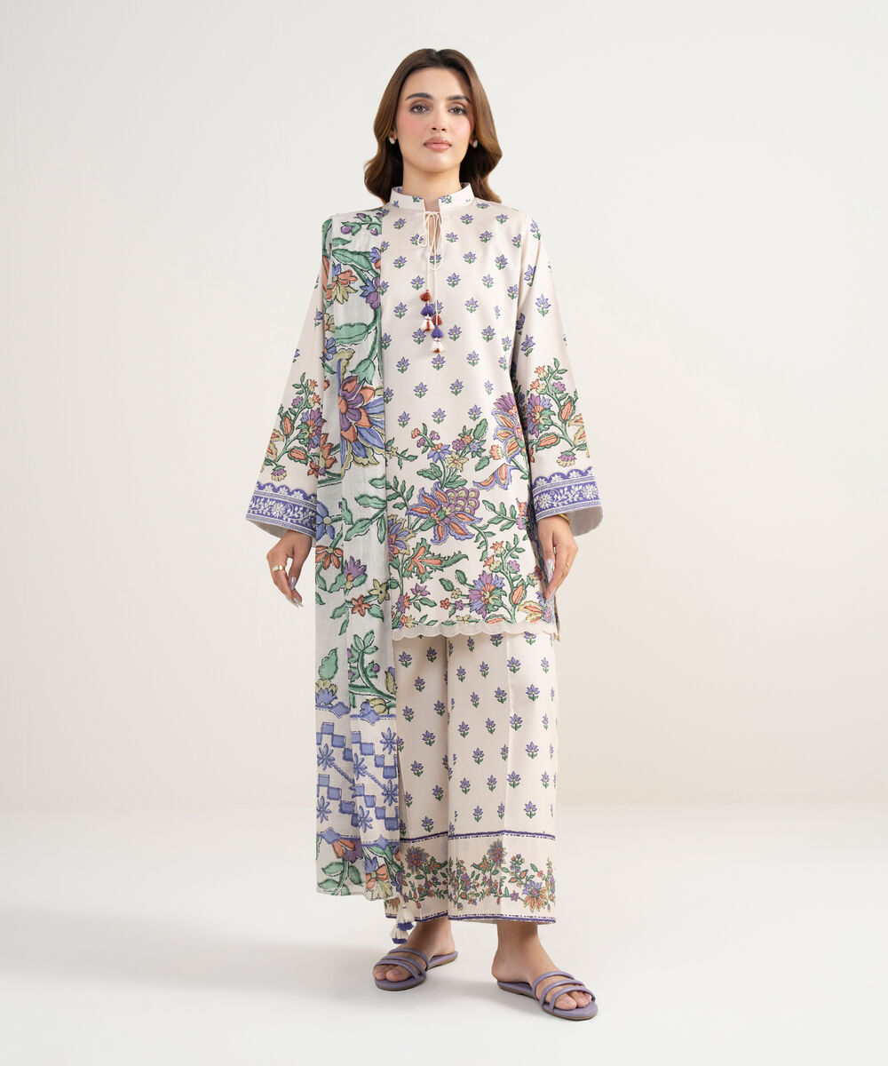 Women's Unstitched Lawn Embroidered Off White 3 Piece Suit