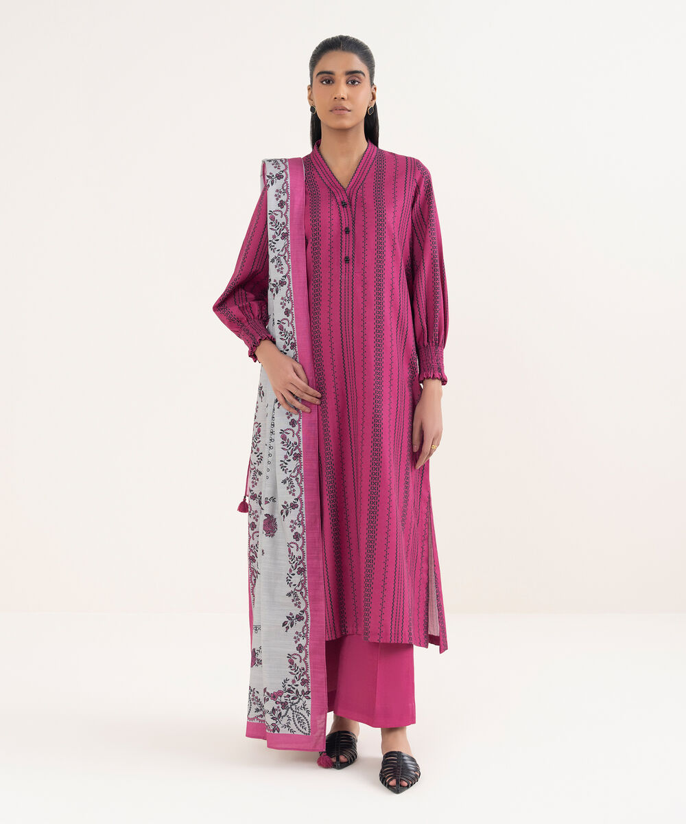 Women's Unstitched Lawn Printed Pink 3 Piece Suit