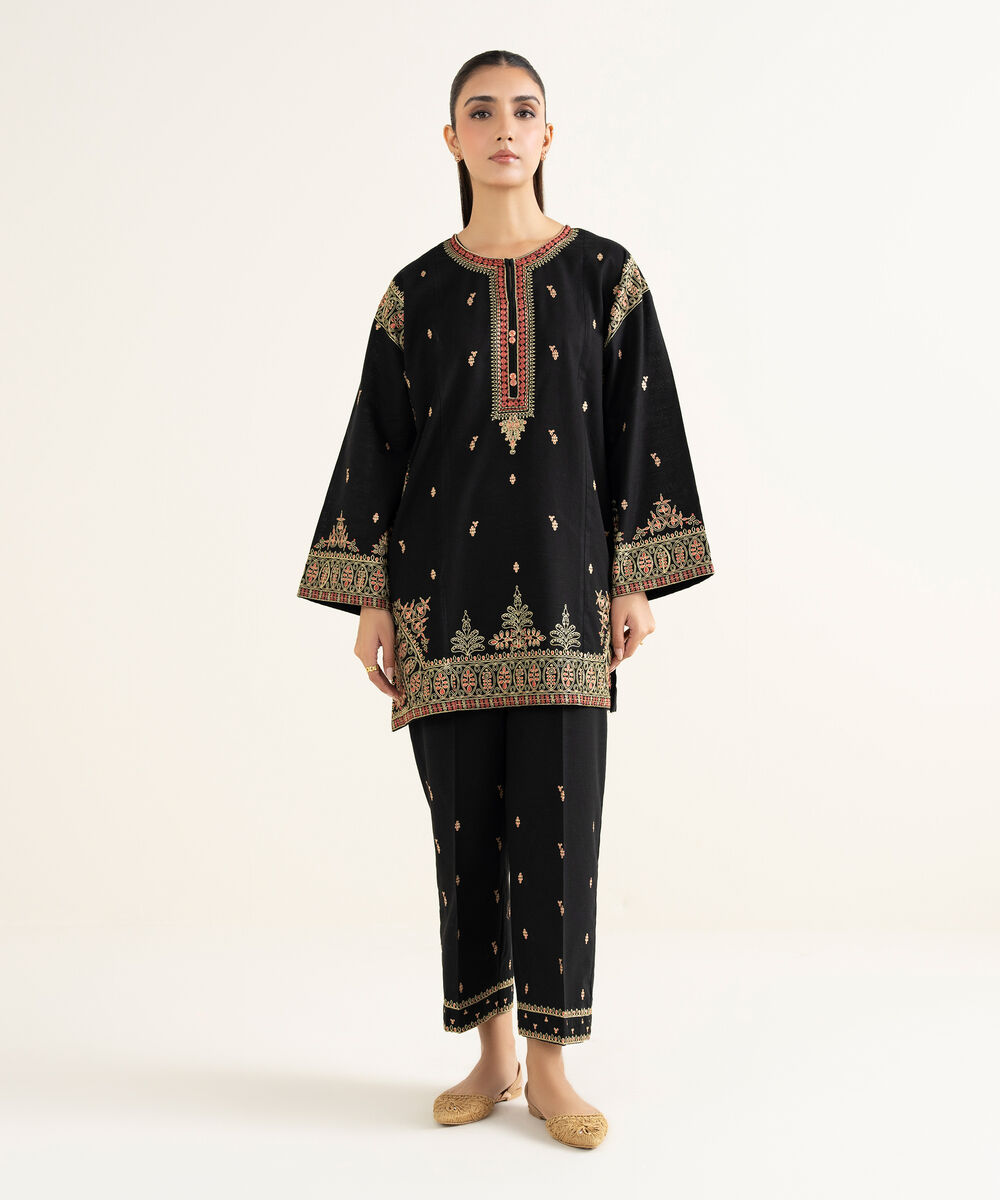 Women's RTW Khaddar Embroidered Black Straight Shirt