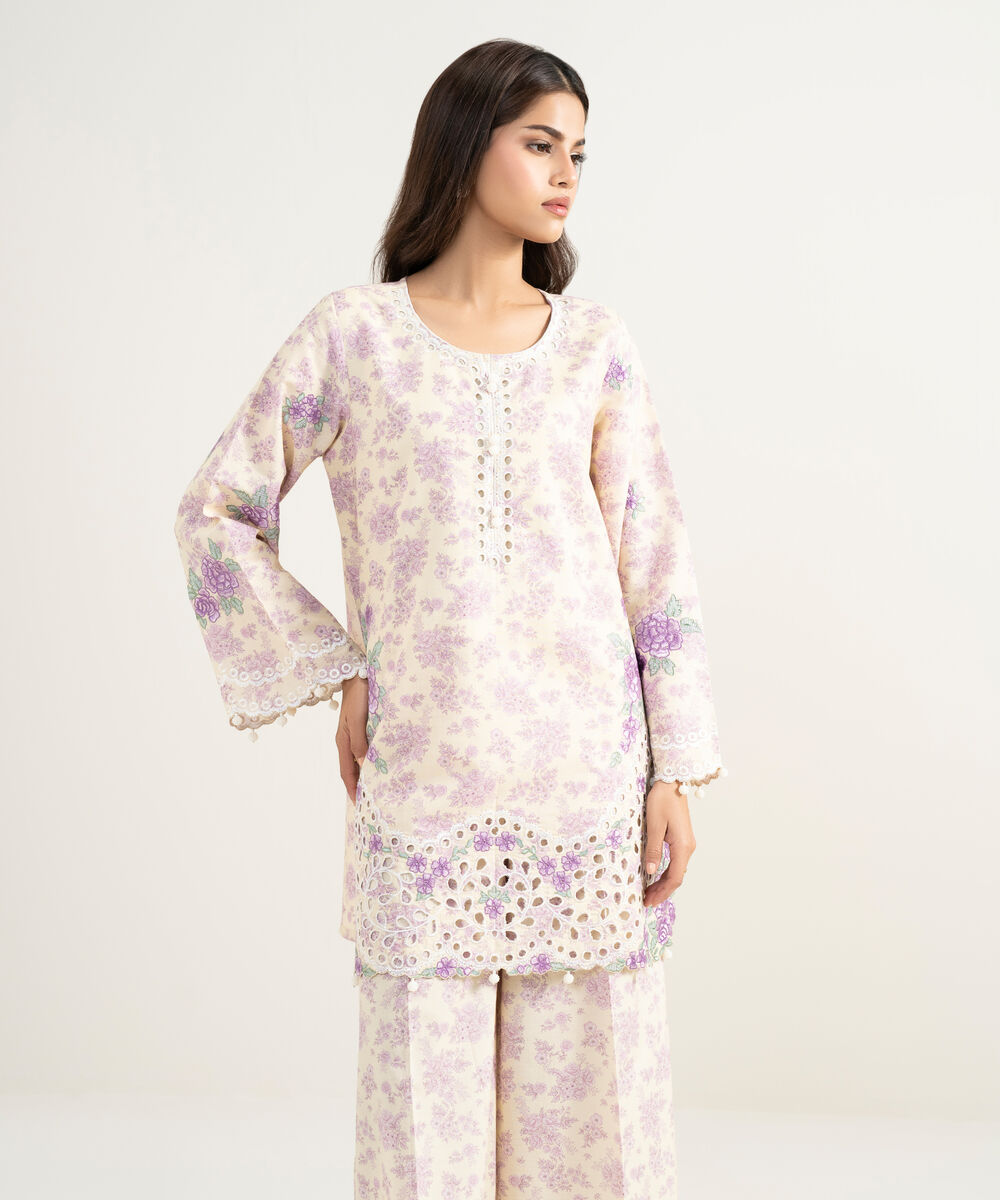 Women's RTW Zari Cotton Embroidered Purple Straight Shirt