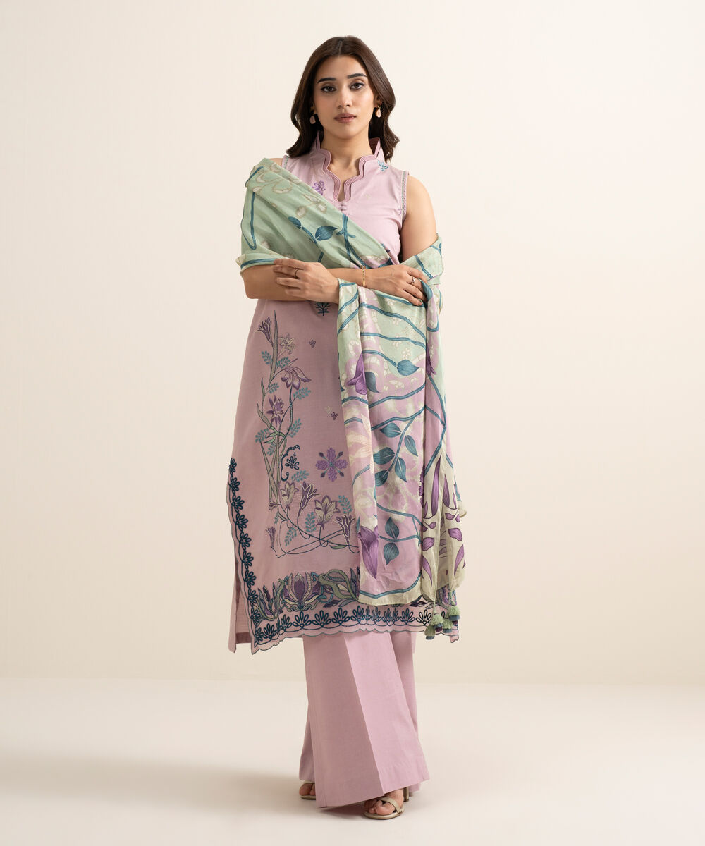 Women's Unstitched Textured Lawn Embroidered Pink 3 Piece Suit