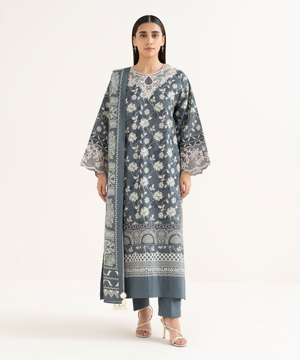 Women's Unstitched Khaddar Embroidered Grey 3 Piece Suit