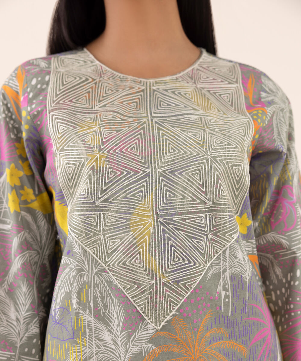 Women's RTW Texured Lawn Grey Printed Aline Shirt