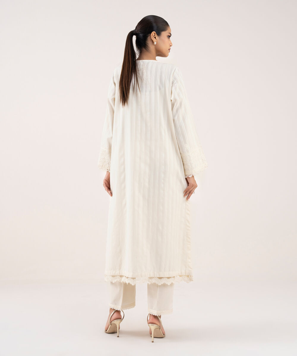 Women's RTW Textured Lawn Off White Embroidered A-Line Shirt
