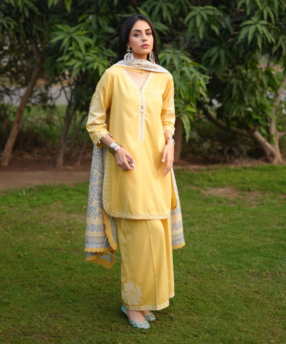 Women's RTW Cotton Viscose Embroidered Yellow 3 Piece Suit