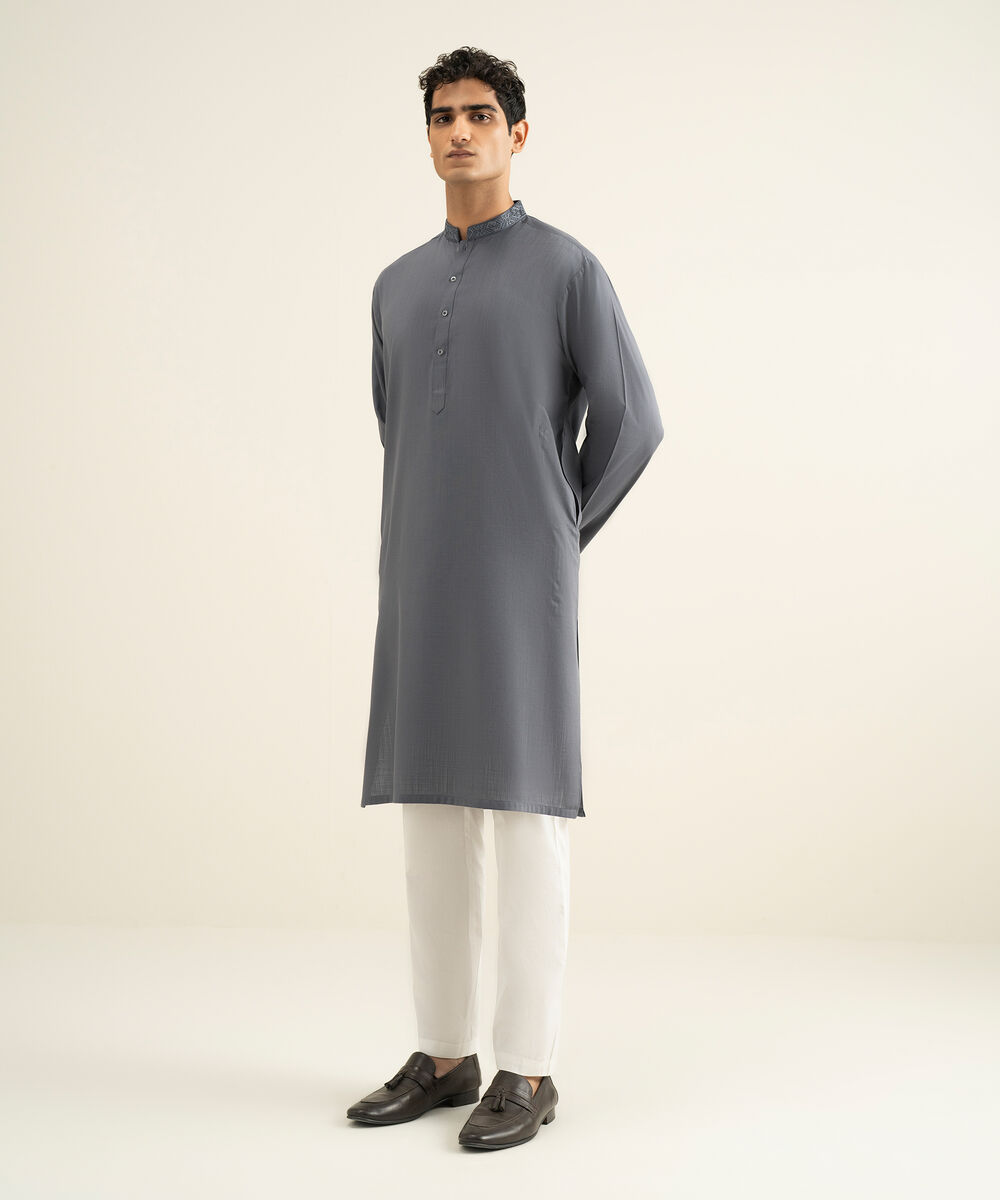 Men's dark grey Cotton Slub Kurta