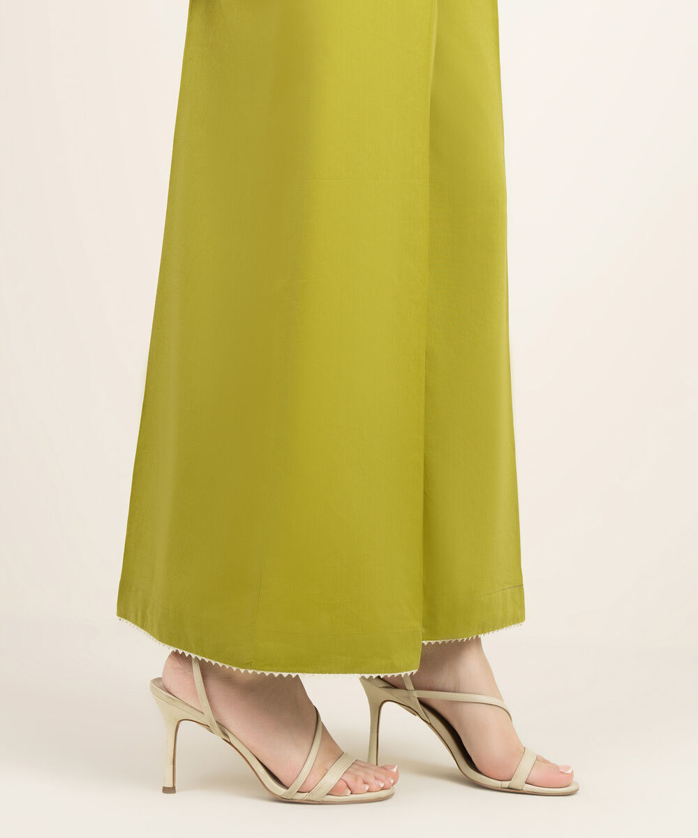 Women's RTW Cotton Viscose Solid Green Flared Pants