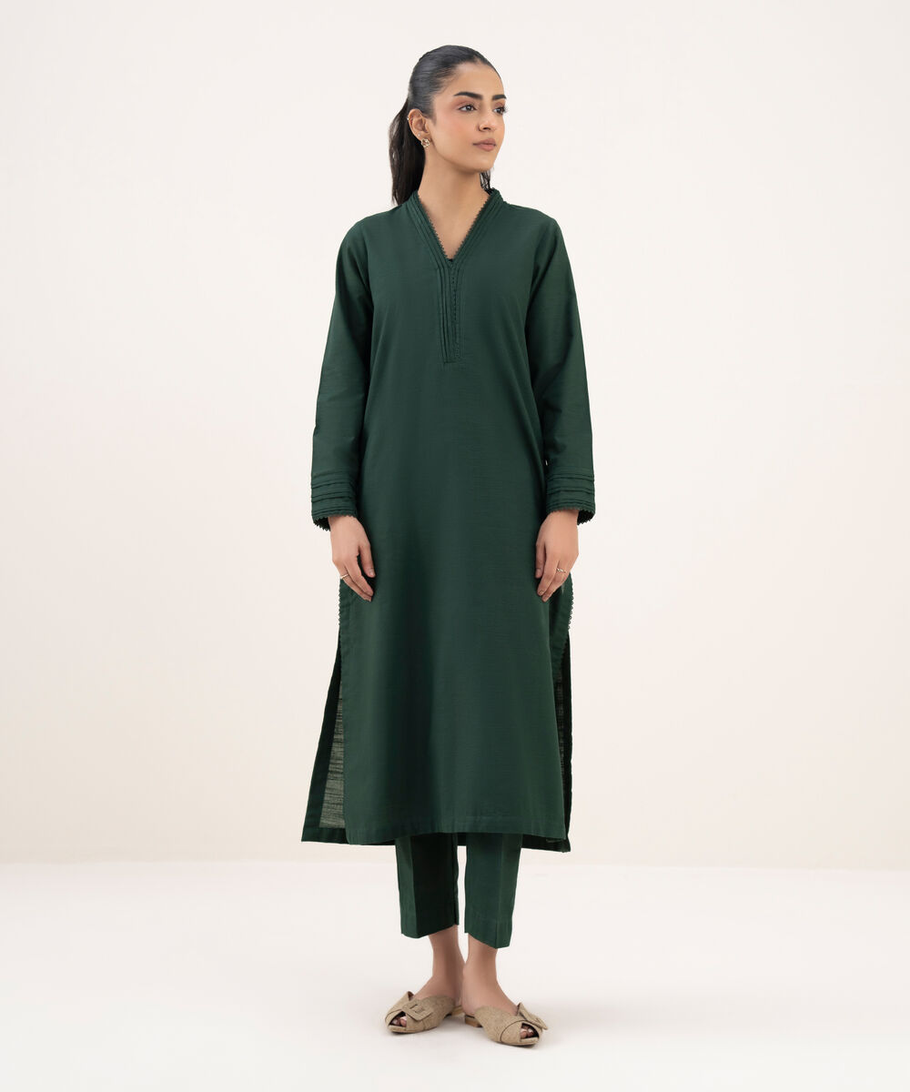 Women's RTW Light Khaddar Solid A-Line Green Shirt