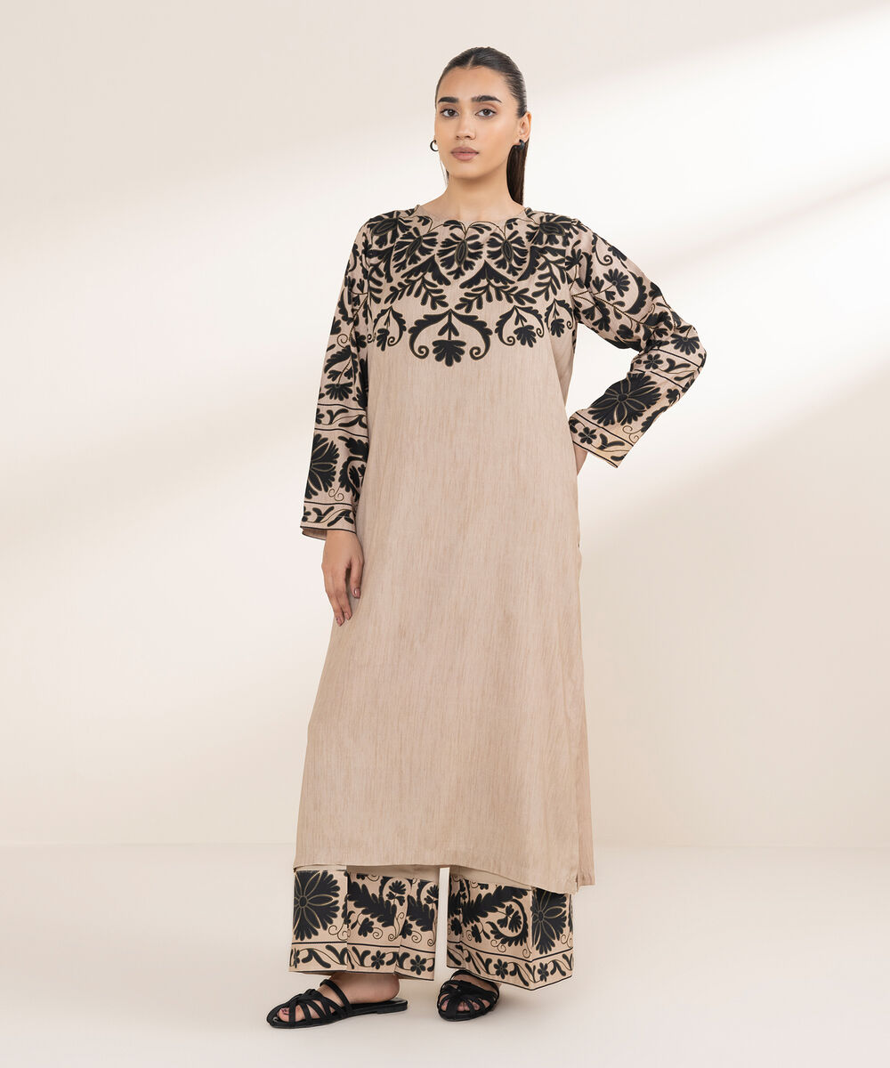 Women's RTW Arabic Lawn Beige Printed A-Line Shirt